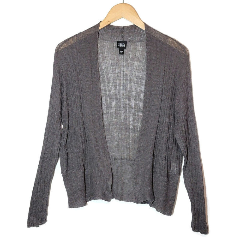 Eileen Fisher Linen Ribbed Cardigan Sweater Lightweight Brown Gray M Classic